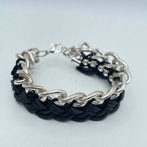 Vintage 90s Mixed Media lace Cord Silver Tone Rhinestone Chain Bracelet Jewelry